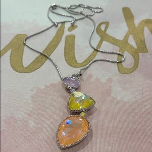 Elegant Silver Tone Multi-Color Beveled Glass Triple Tier Pendant Necklace